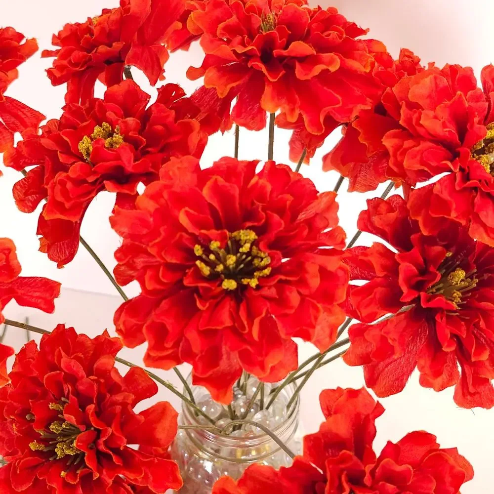 Silk Artificial Flowers Red Orange Zinnia 35 Stem Lot Floral Craft Wedding Home